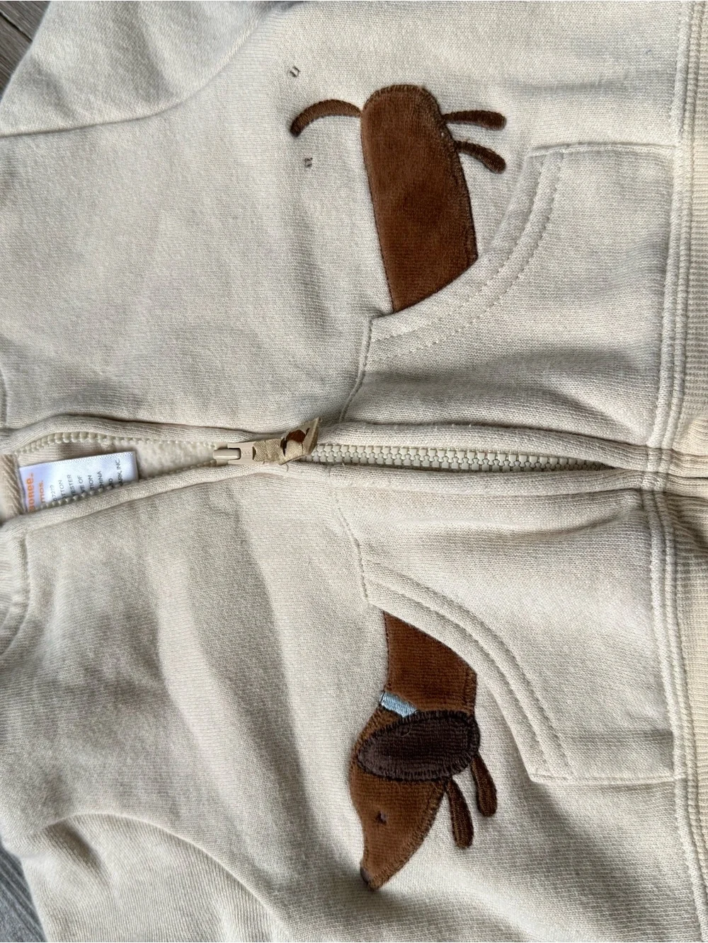 VTG GYMBOREE 3-6 Mo Full Zip Dog Hoodie Embroidered Tan Cream Brown Blue Baby